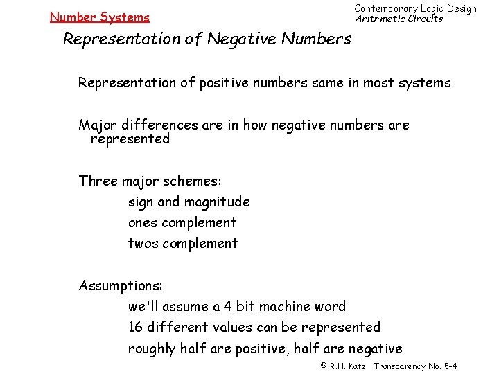 Contemporary Logic Design Arithmetic Circuits Number Systems Representation of Negative Numbers Representation of positive