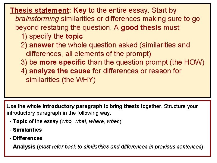 Thesis statement: Key to the entire essay. Start by brainstorming similarities or differences making