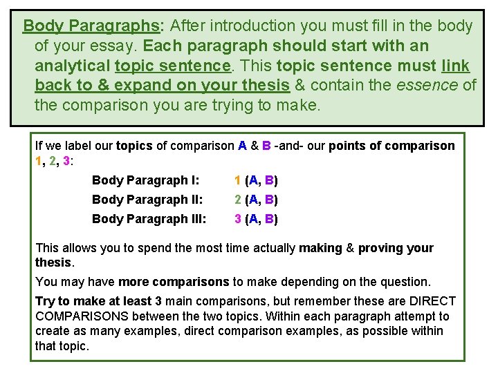 Body Paragraphs: After introduction you must fill in the body of your essay. Each