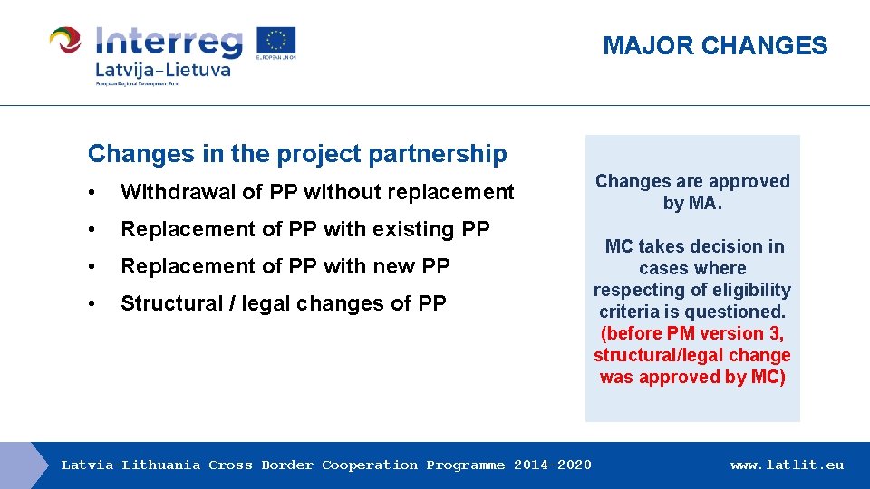 MAJOR CHANGES Changes in the project partnership • Withdrawal of PP without replacement •