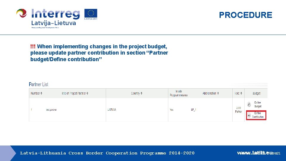 PROCEDURE !!! When implementing changes in the project budget, please update partner contribution in