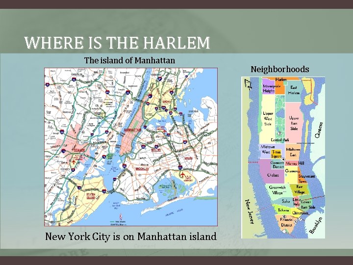 WHERE IS THE HARLEM The island of Manhattan New York City is on Manhattan