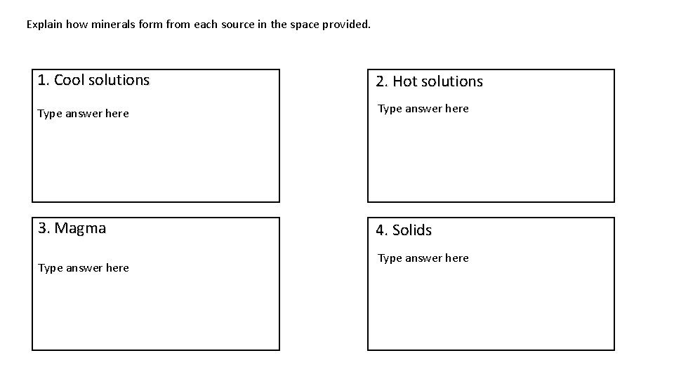 Explain how minerals form from each source in the space provided. 1. Cool solutions
