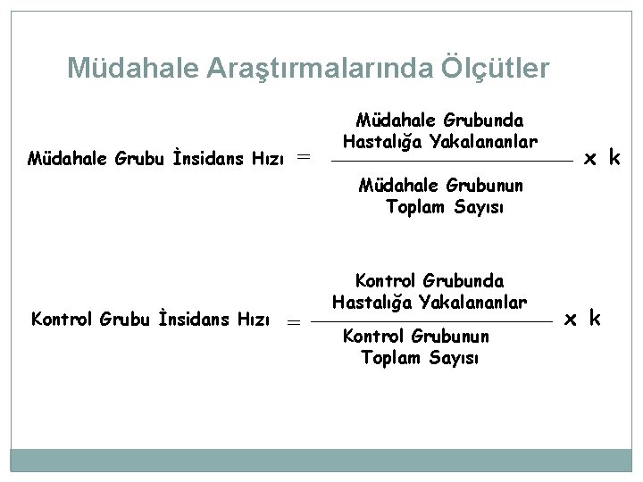 Müdahale Araştırmalarında Ölçütler Müdahale Grubu İnsidans Hızı = Müdahale Grubunda Hastalığa Yakalananlar x k