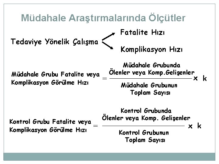 Müdahale Araştırmalarında Ölçütler Fatalite Hızı Tedaviye Yönelik Çalışma Müdahale Grubu Fatalite veya Komplikasyon Görülme