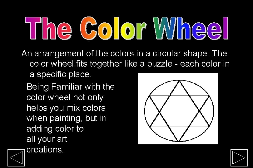 An arrangement of the colors in a circular shape. The color wheel fits together