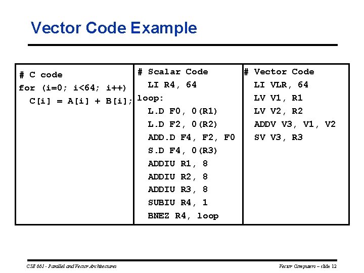 Vector Code Example # Vector Code # Scalar Code # C code LI VLR,