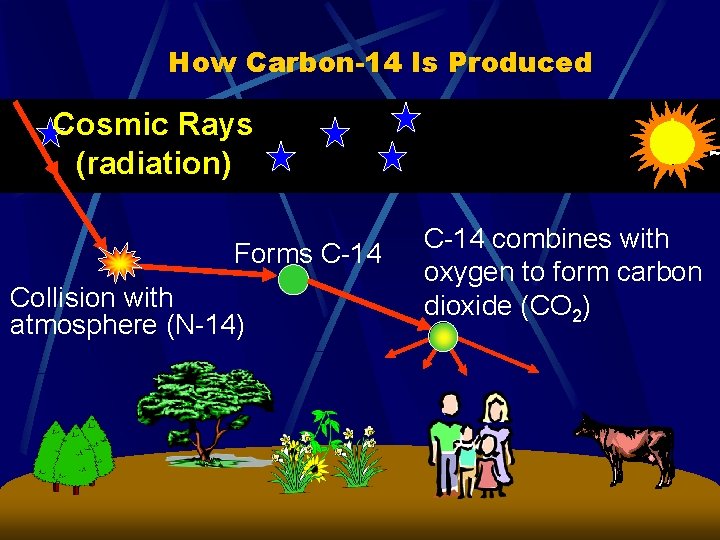 How Carbon-14 Is Produced Cosmic Rays (radiation) Forms C-14 Collision with atmosphere (N-14) C-14
