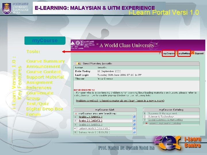 E-LEARNING: MALAYSIAN & Ui. TM EXPERIENCE i-Learn Portal Versi 1. 0 my. Course i-Learn