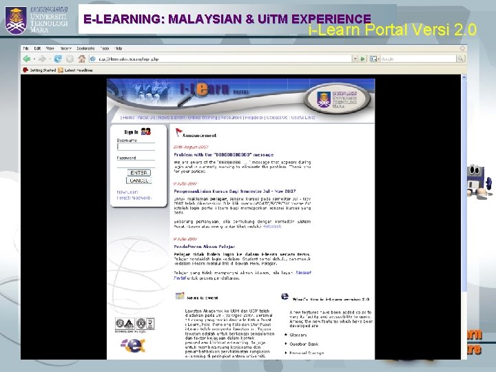 E-LEARNING: MALAYSIAN & Ui. TM EXPERIENCE i-Learn Portal Versi 2. 0 