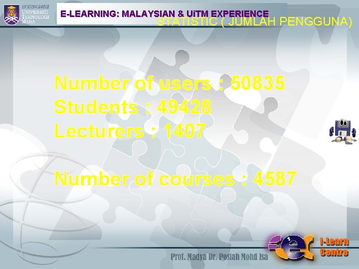 E-LEARNING: MALAYSIAN & Ui. TM EXPERIENCE STATISTIC ( JUMLAH PENGGUNA) Number of users :