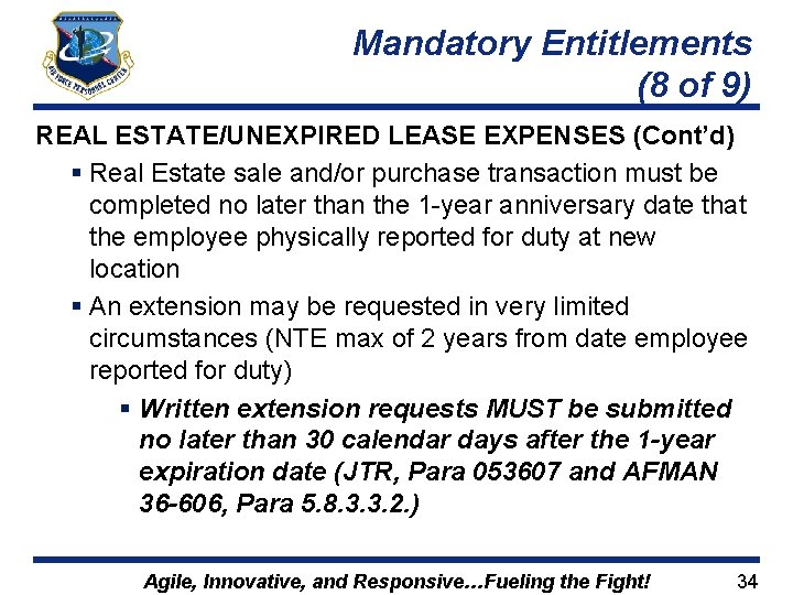 Mandatory Entitlements (8 of 9) REAL ESTATE/UNEXPIRED LEASE EXPENSES (Cont’d) § Real Estate sale
