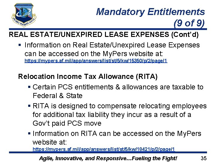 Mandatory Entitlements (9 of 9) REAL ESTATE/UNEXPIRED LEASE EXPENSES (Cont’d) § Information on Real