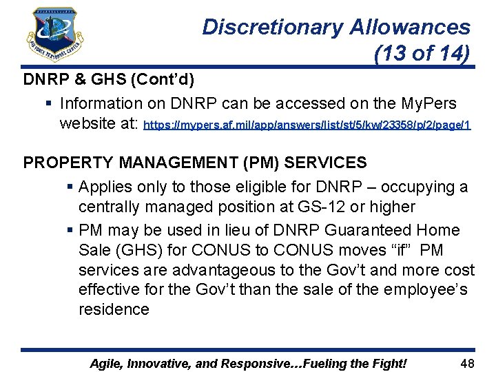 Discretionary Allowances (13 of 14) DNRP & GHS (Cont’d) § Information on DNRP can