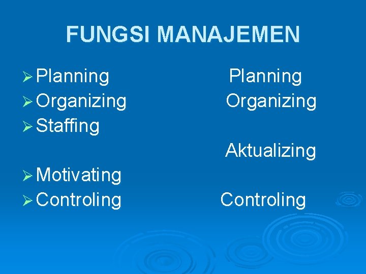 FUNGSI MANAJEMEN Ø Planning Ø Organizing Planning Organizing Ø Staffing Aktualizing Ø Motivating Ø