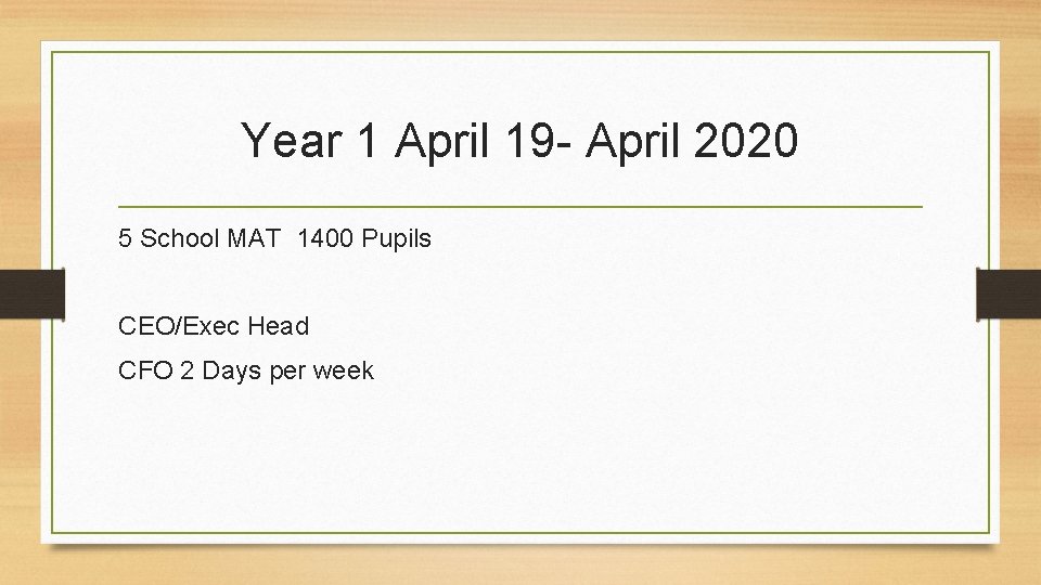 Year 1 April 19 - April 2020 5 School MAT 1400 Pupils CEO/Exec Head