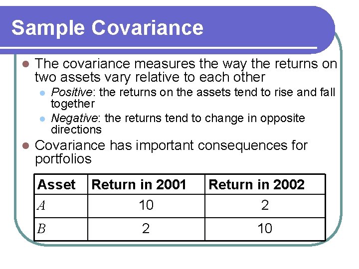 Sample Covariance l The covariance measures the way the returns on two assets vary