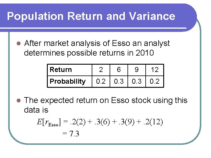 Population Return and Variance l After market analysis of Esso an analyst determines possible