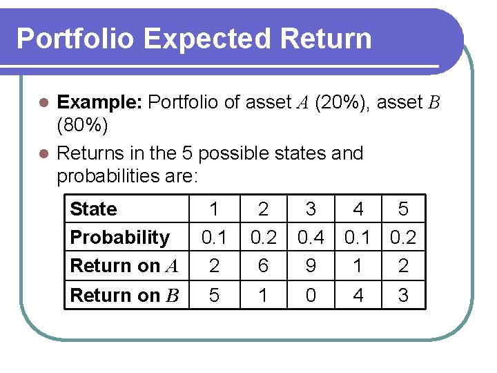 Portfolio Expected Return Example: Portfolio of asset A (20%), asset B (80%) l Returns