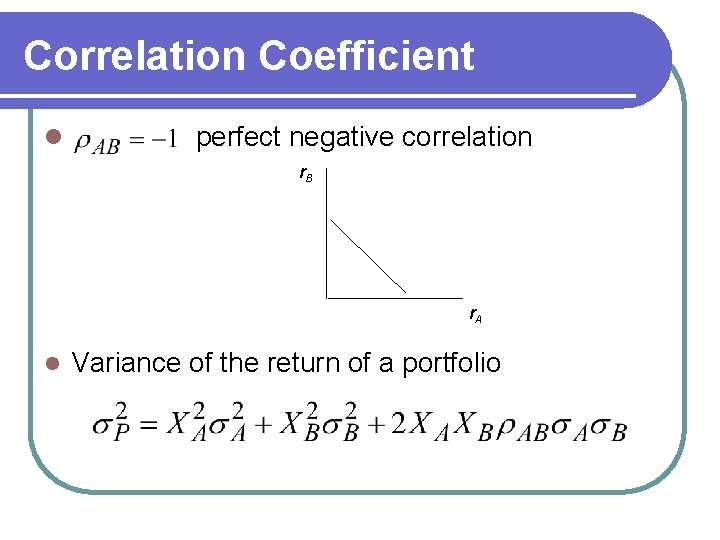 Correlation Coefficient l perfect negative correlation r. B r. A l Variance of the