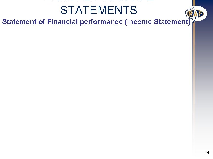 ANNUAL FINANCIAL STATEMENTS Statement of Financial performance (Income Statement) 14 ANNUAL FINANCIAL STATEMENTS Statement of Financial performance (Income Statement) 14