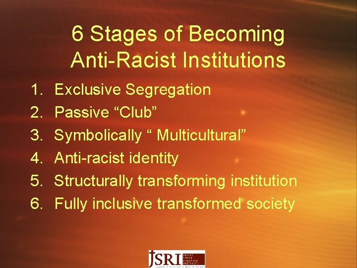 6 Stages of Becoming Anti-Racist Institutions 1. 2. 3. 4. 5. 6. Exclusive Segregation