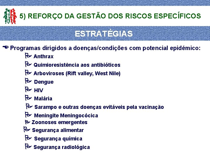 5) REFORÇO DA GESTÃO DOS RISCOS ESPECÍFICOS ESTRATÉGIAS Programas dirigidos a doenças/condições com potencial