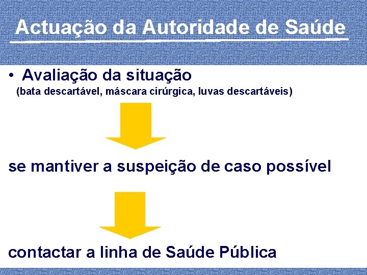 Actuação da Autoridade de Saúde • Avaliação da situação (bata descartável, máscara cirúrgica, luvas