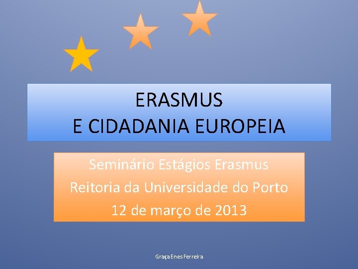 ERASMUS E CIDADANIA EUROPEIA Seminário Estágios Erasmus Reitoria da Universidade do Porto 12 de