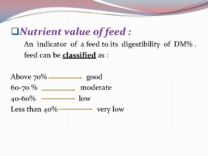 q. Nutrient value of feed : An indicator of a feed to its digestibility