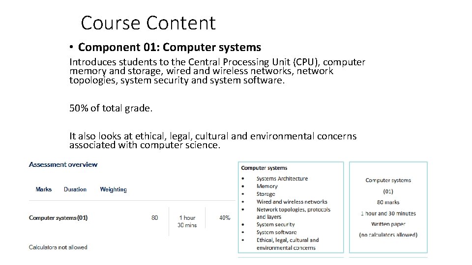Course Content • Component 01: Computer systems Introduces students to the Central Processing Unit