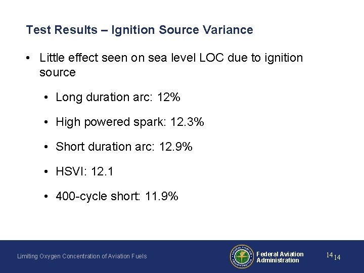 Test Results – Ignition Source Variance • Little effect seen on sea level LOC