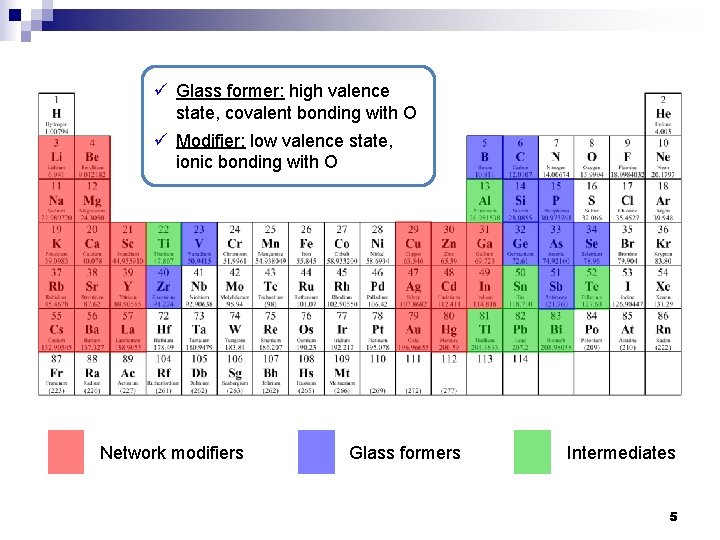 ü Glass former: high valence state, covalent bonding with O ü Modifier: low valence