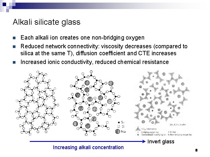 Alkali silicate glass n n n Each alkali ion creates one non-bridging oxygen Reduced