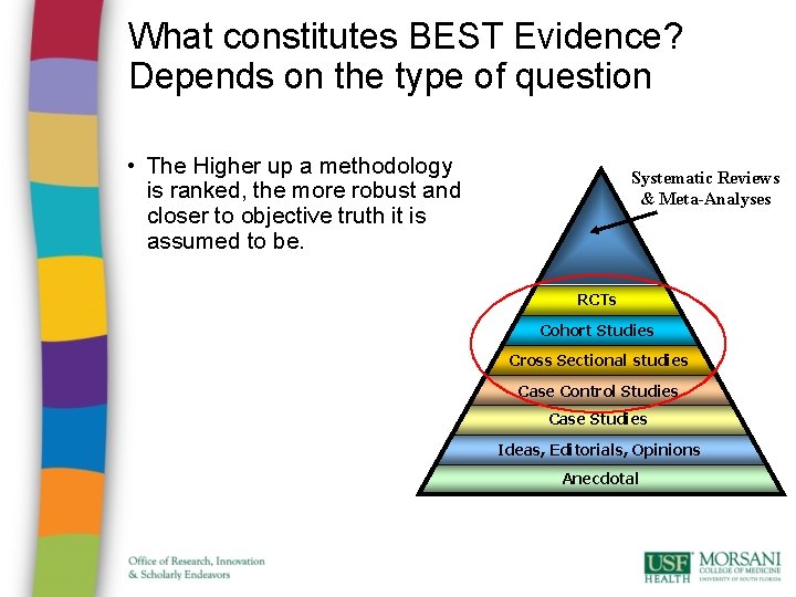 What constitutes BEST Evidence? Depends on the type of question • The Higher up