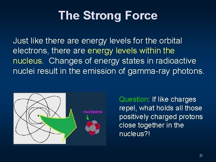 The Strong Force Just like there are energy levels for the orbital electrons, there