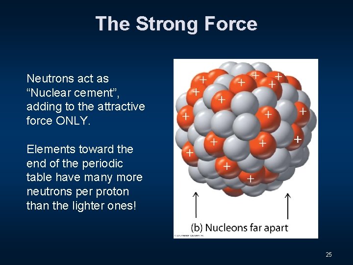 The Strong Force Neutrons act as “Nuclear cement”, adding to the attractive force ONLY.