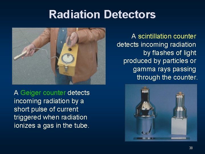 Radiation Detectors A scintillation counter detects incoming radiation by flashes of light produced by