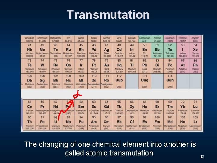 Transmutation The changing of one chemical element into another is called atomic transmutation. 42