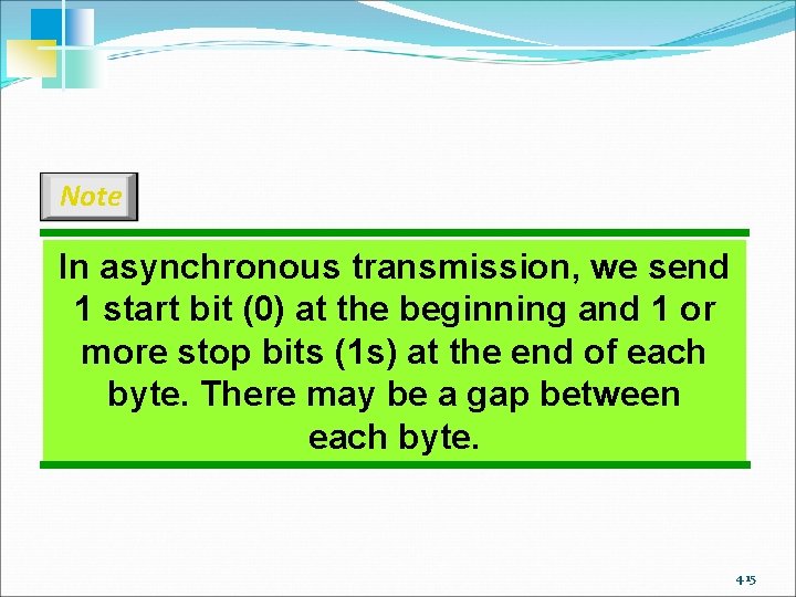 Note In asynchronous transmission, we send 1 start bit (0) at the beginning and