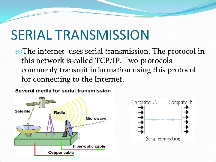 SERIAL TRANSMISSION The internet uses serial transmission. The protocol in this network is called