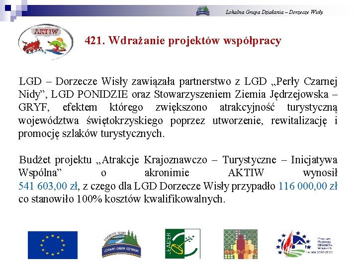 Lokalna Grupa Działania – Dorzecze Wisły 421. Wdrażanie projektów współpracy LGD – Dorzecze Wisły