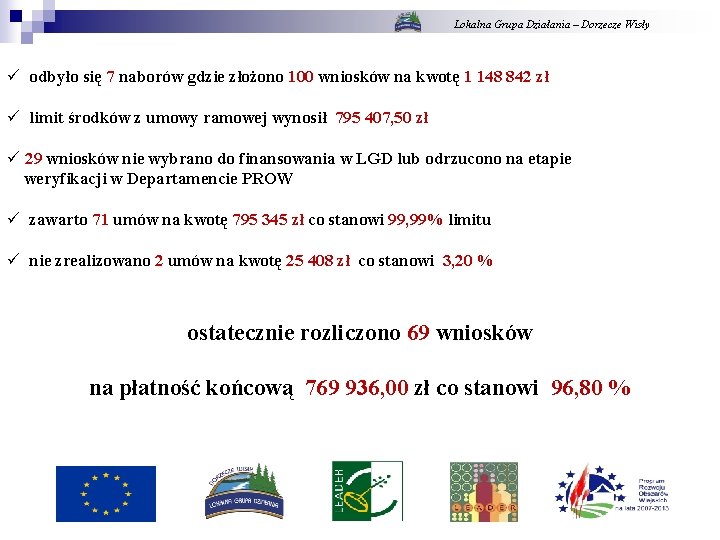 Lokalna Grupa Działania – Dorzecze Wisły ü odbyło się 7 naborów gdzie złożono 100