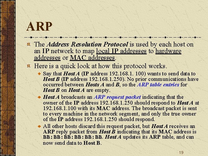 ARP The Address Resolution Protocol is used by each host on an IP network