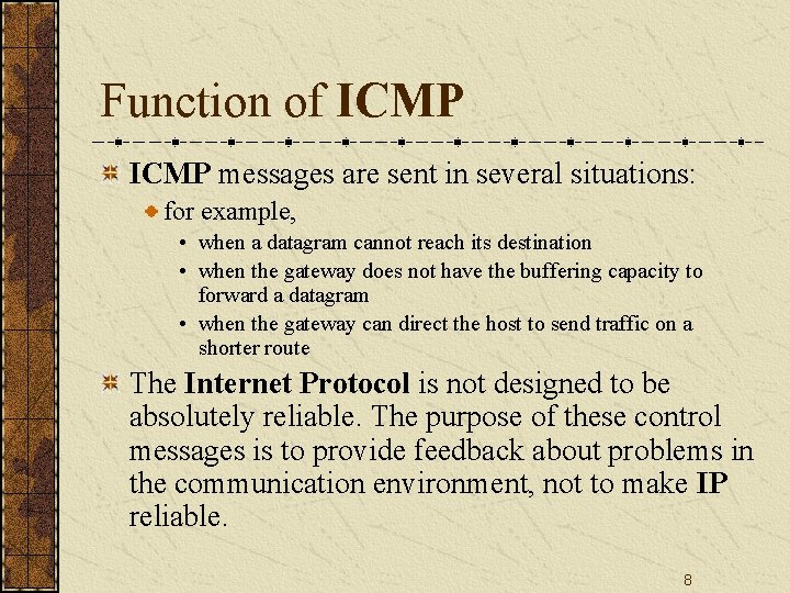 Function of ICMP messages are sent in several situations: for example, • when a