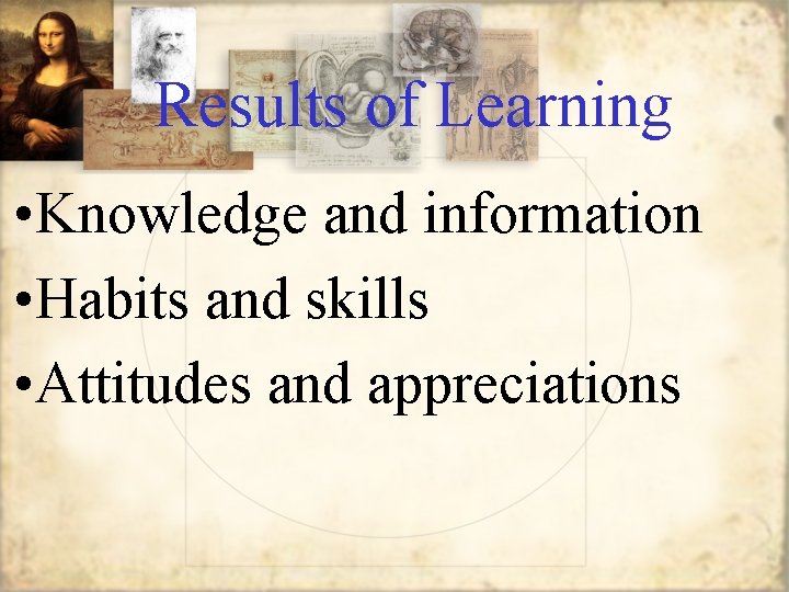 Results of Learning • Knowledge and information • Habits and skills • Attitudes and