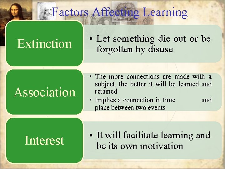 Factors Affecting Learning Extinction • Let something die out or be forgotten by disuse