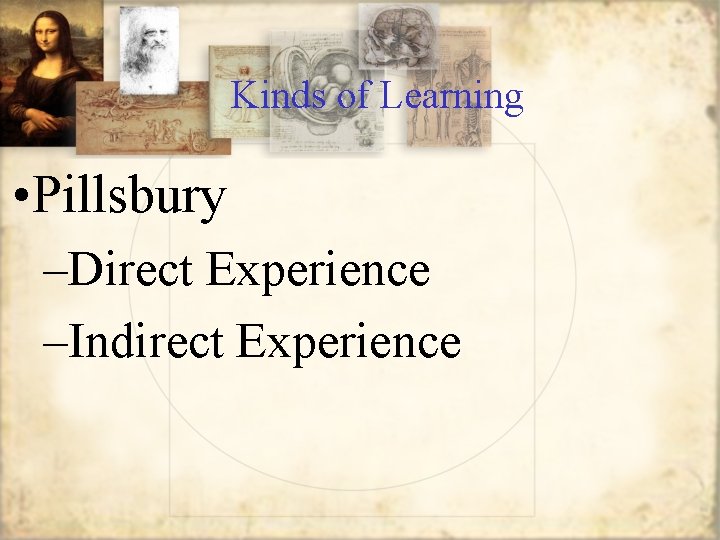 Kinds of Learning • Pillsbury –Direct Experience –Indirect Experience 