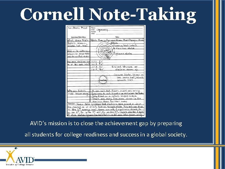 Cornell Note-Taking AVID’s mission is to close the achievement gap by preparing all students