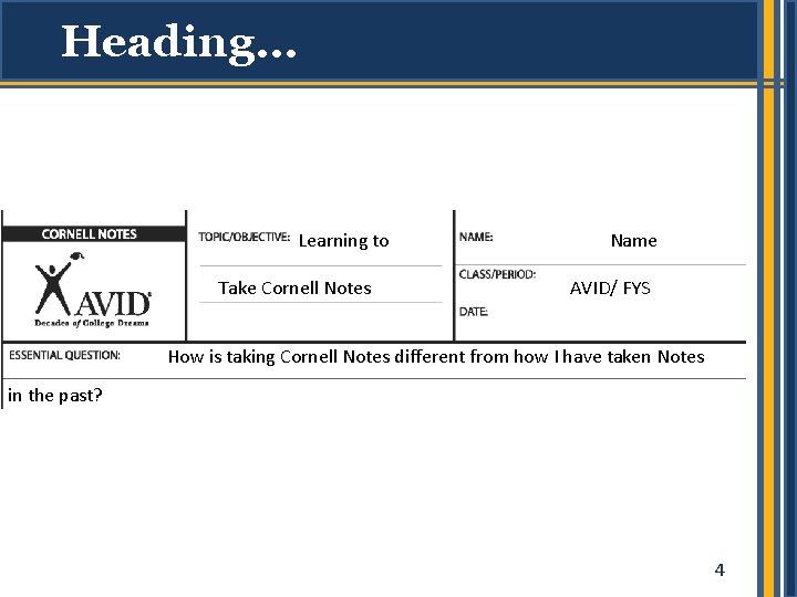 Heading… Learning to Take Cornell Notes Name AVID/ FYS How is taking Cornell Notes